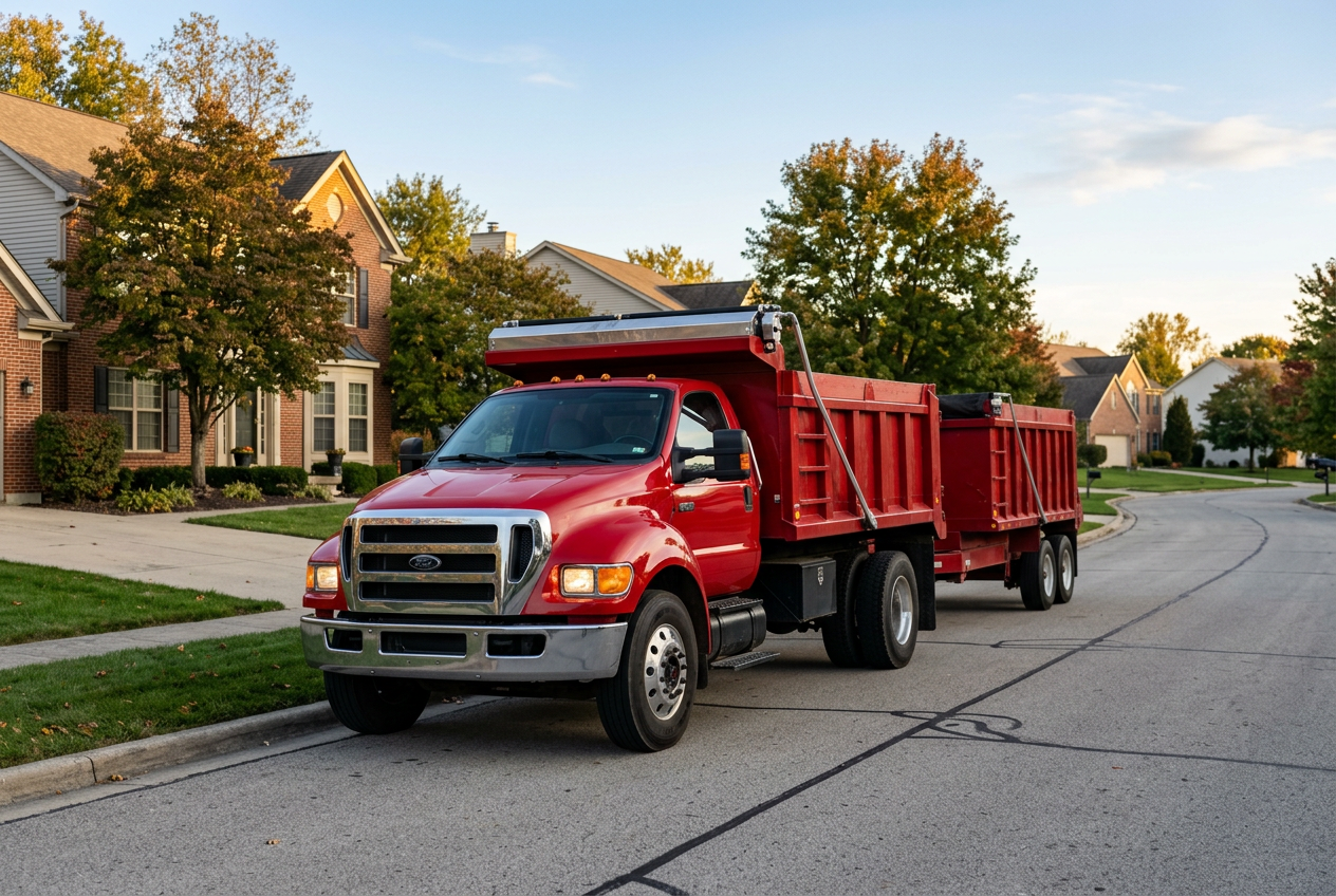 Donkey Dumpster's red dump truck and trailer in a Columbus, OH neighborhood