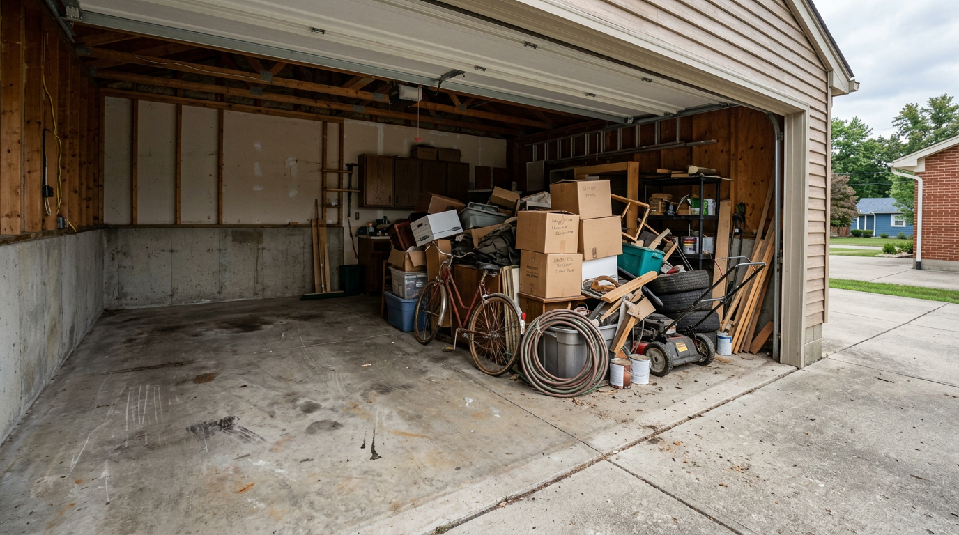 Donkey Dumpster crew mid garage cleanout in Columbus, OH